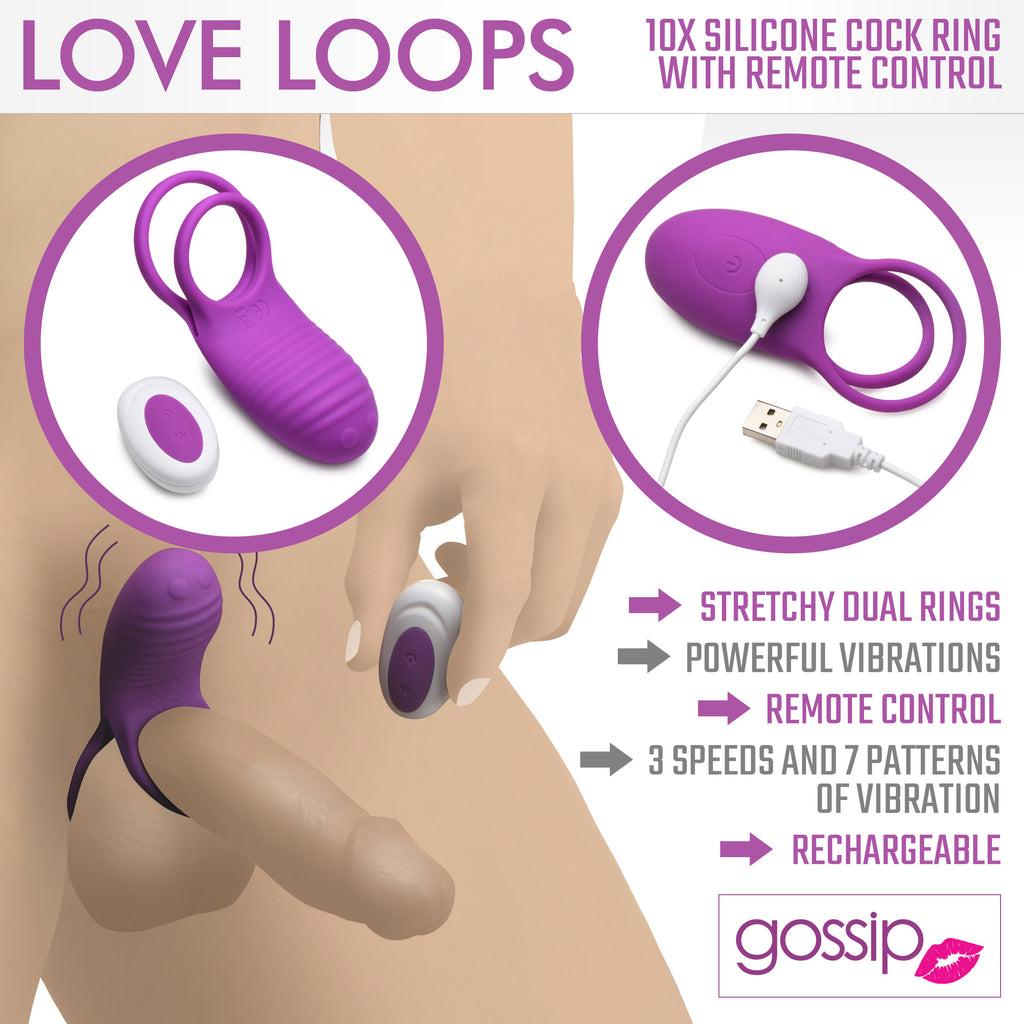 Gossip Love Loops 10X Silicone Cock Ring with Remote - Purple Purple
