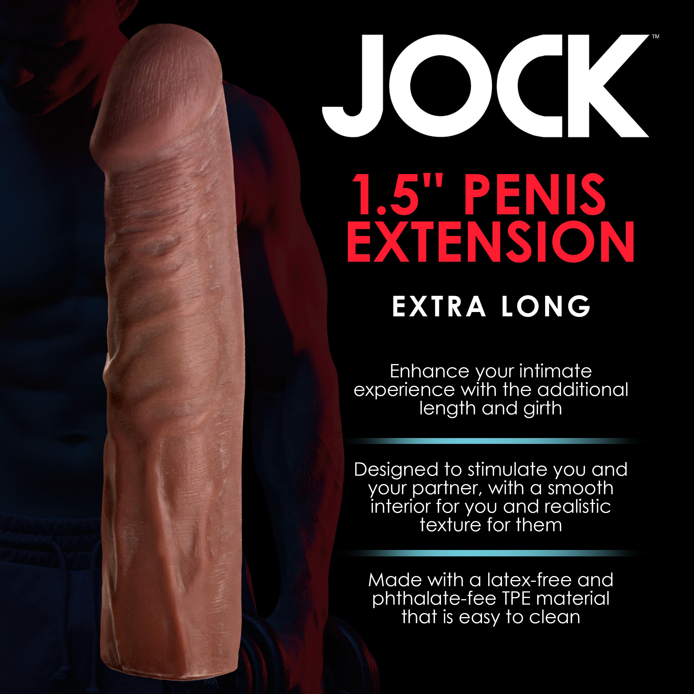 Jock Extra Long 1.5 Inch Penis Extension - Dark Black