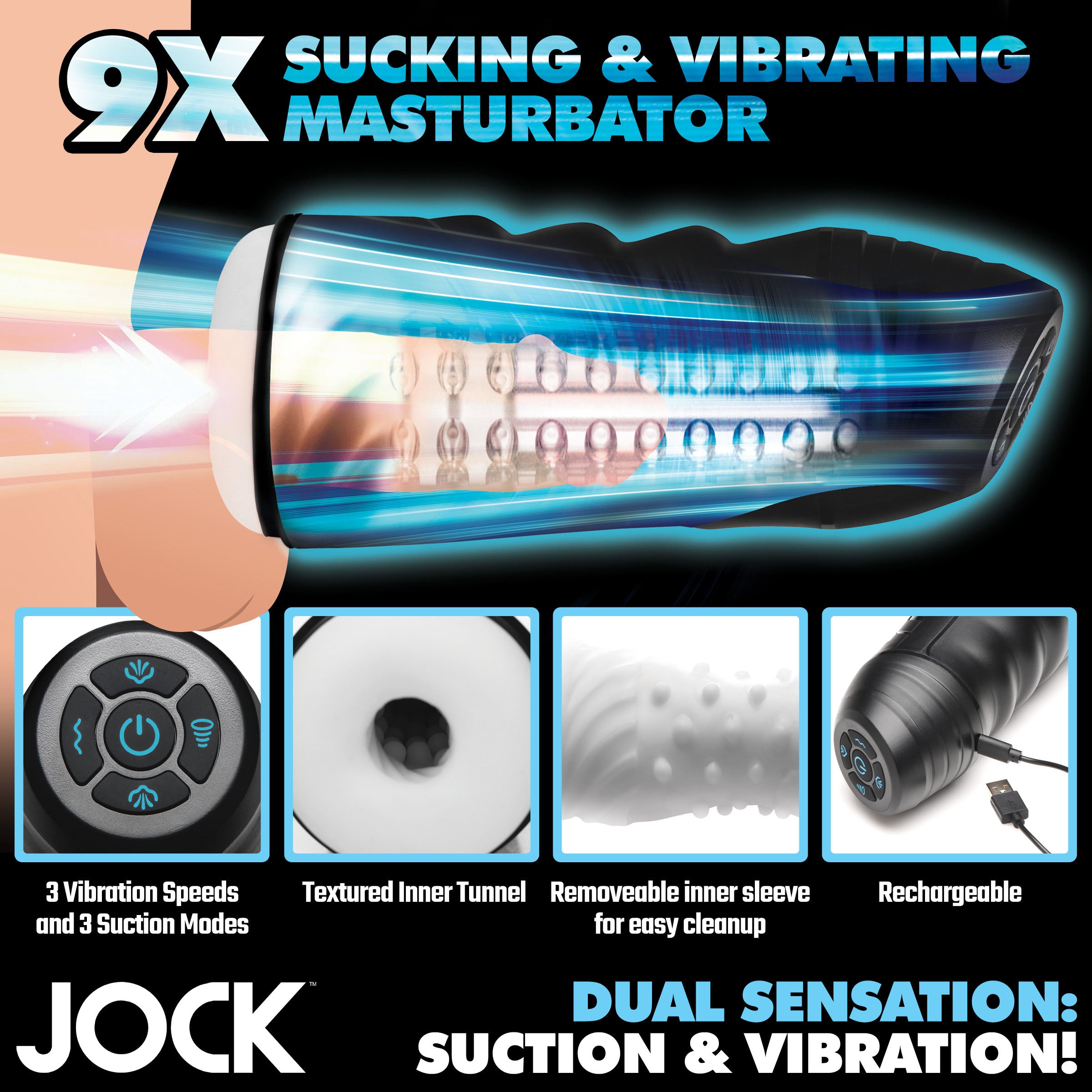 Jock 9X Sucking and Vibrating Masturbator Black