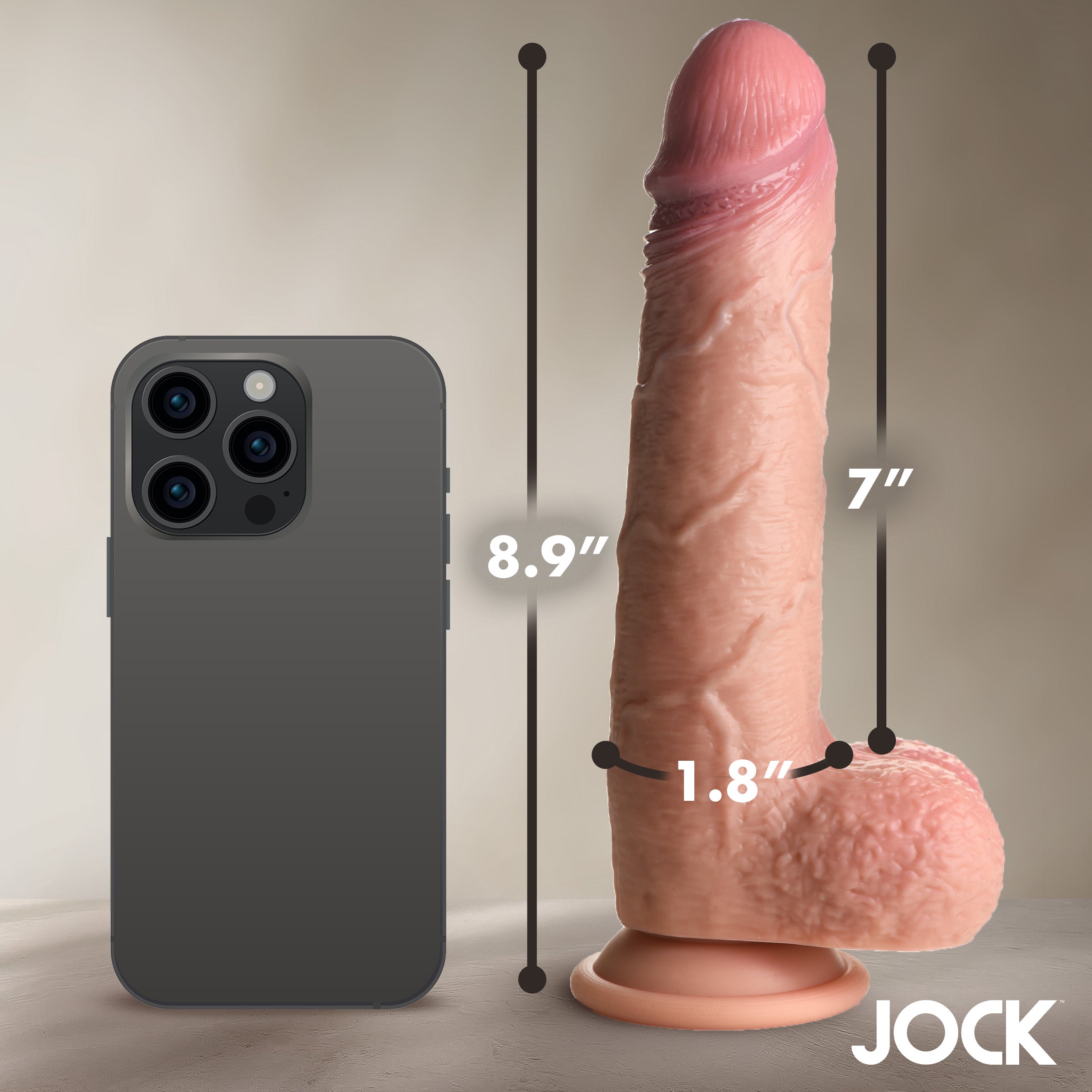Jock 9 Inch Real Skin Silicone Dildo with Balls - Medium Tan