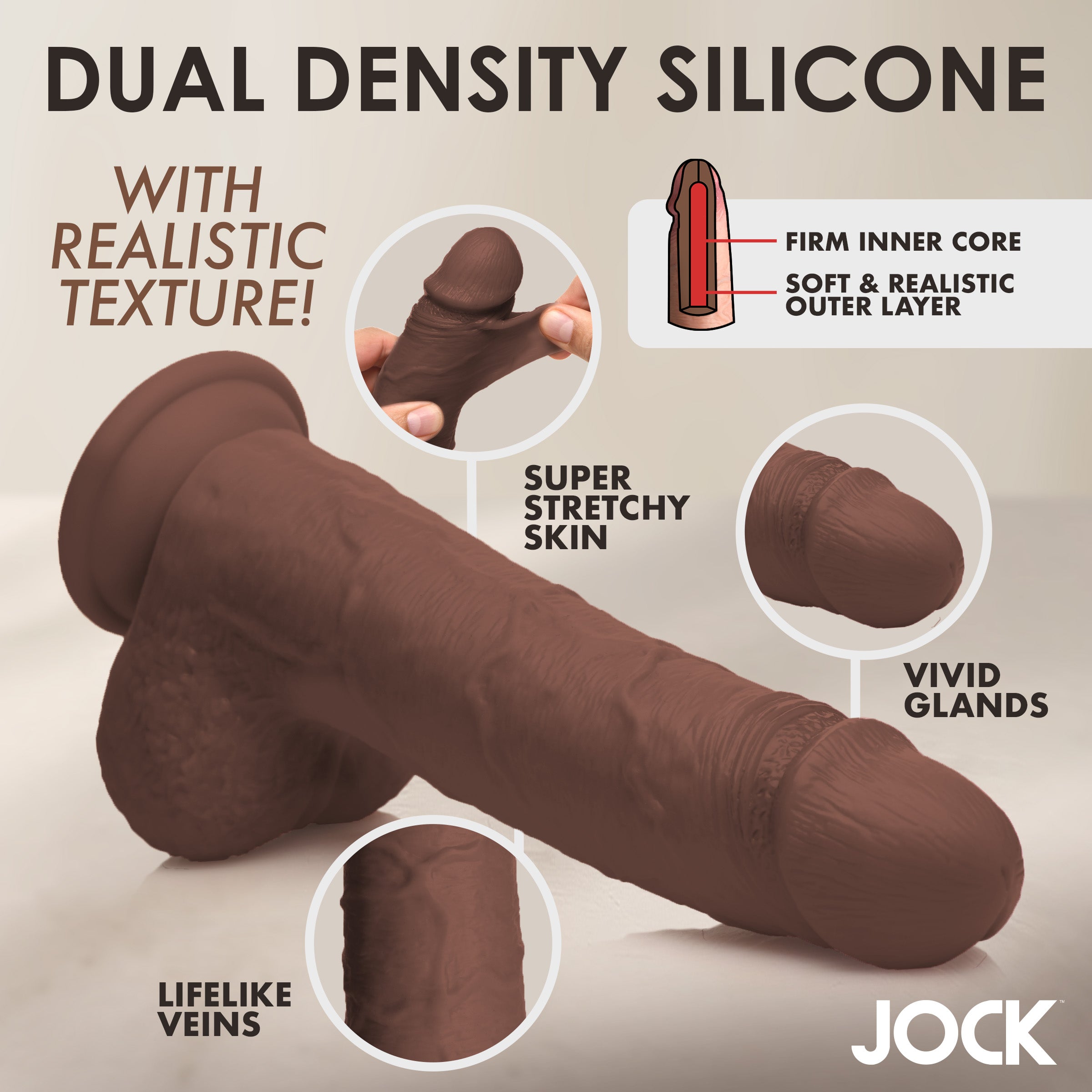 Jock 10 Inch Real Skin Silicone Dildo with Balls - Dark Brown