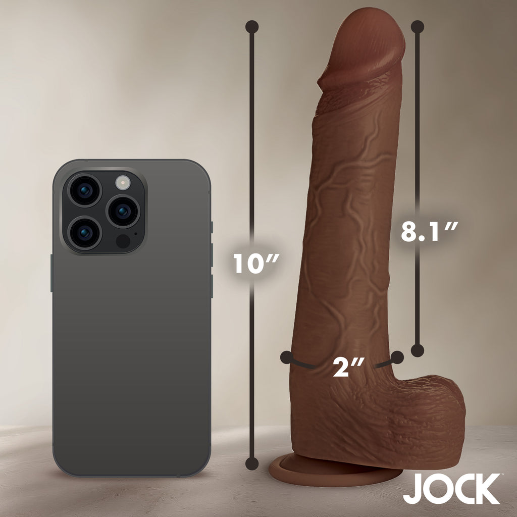 Jock 10 Inch Real Skin Silicone Dildo with Balls - Dark Brown