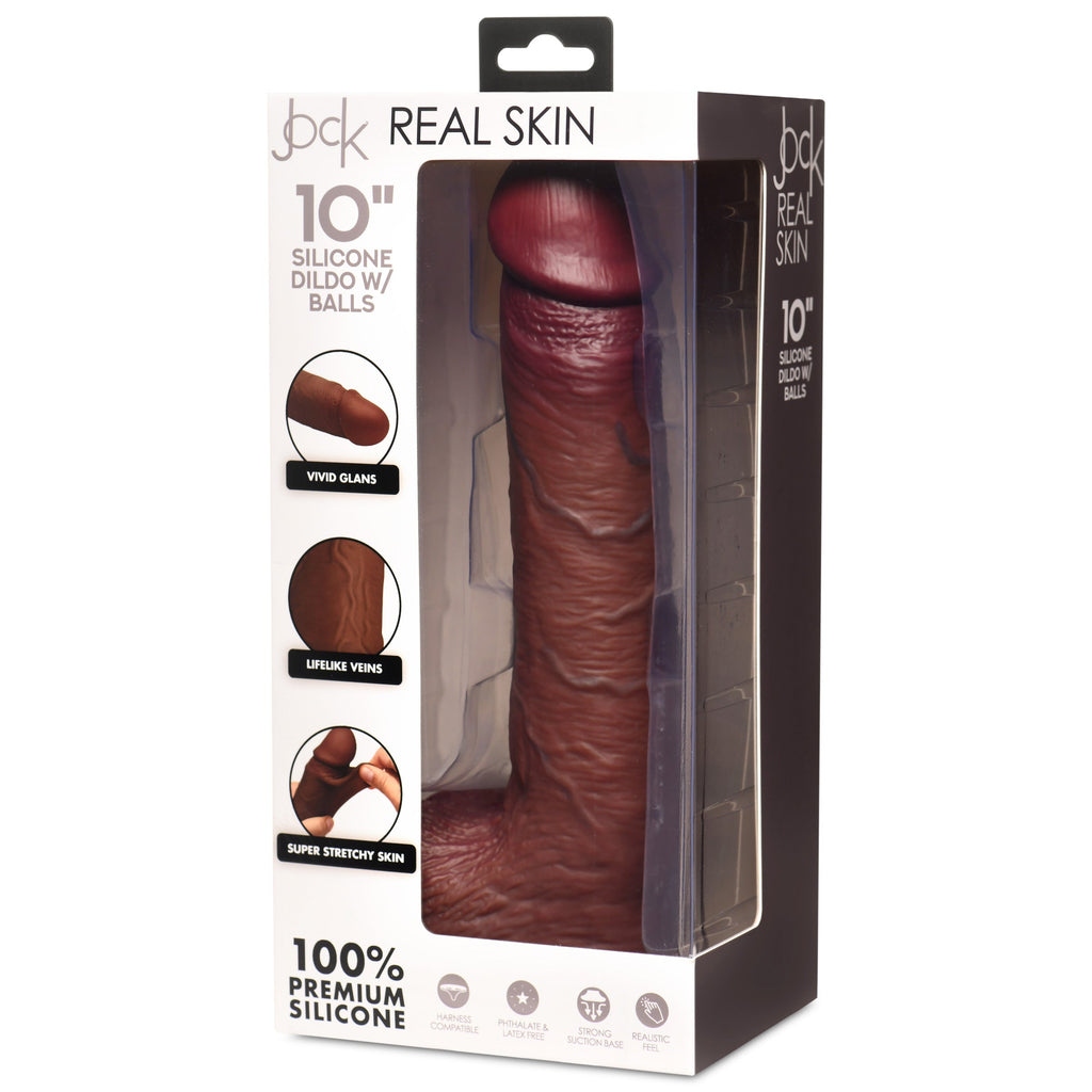Jock 10 Inch Real Skin Silicone Dildo with Balls - Dark Brown