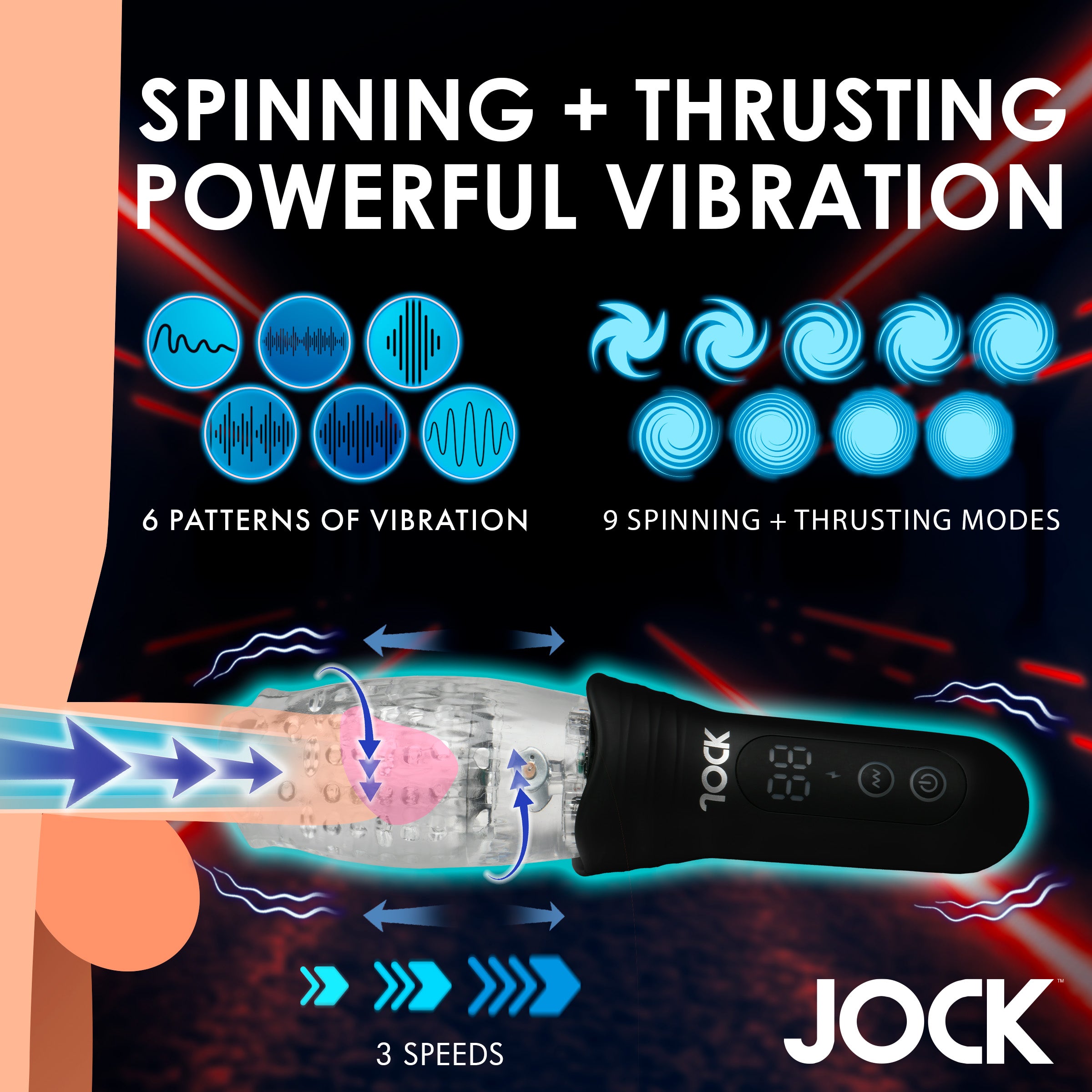 Jock Spinning, Thrusting and Vibrating Masturbator Clear