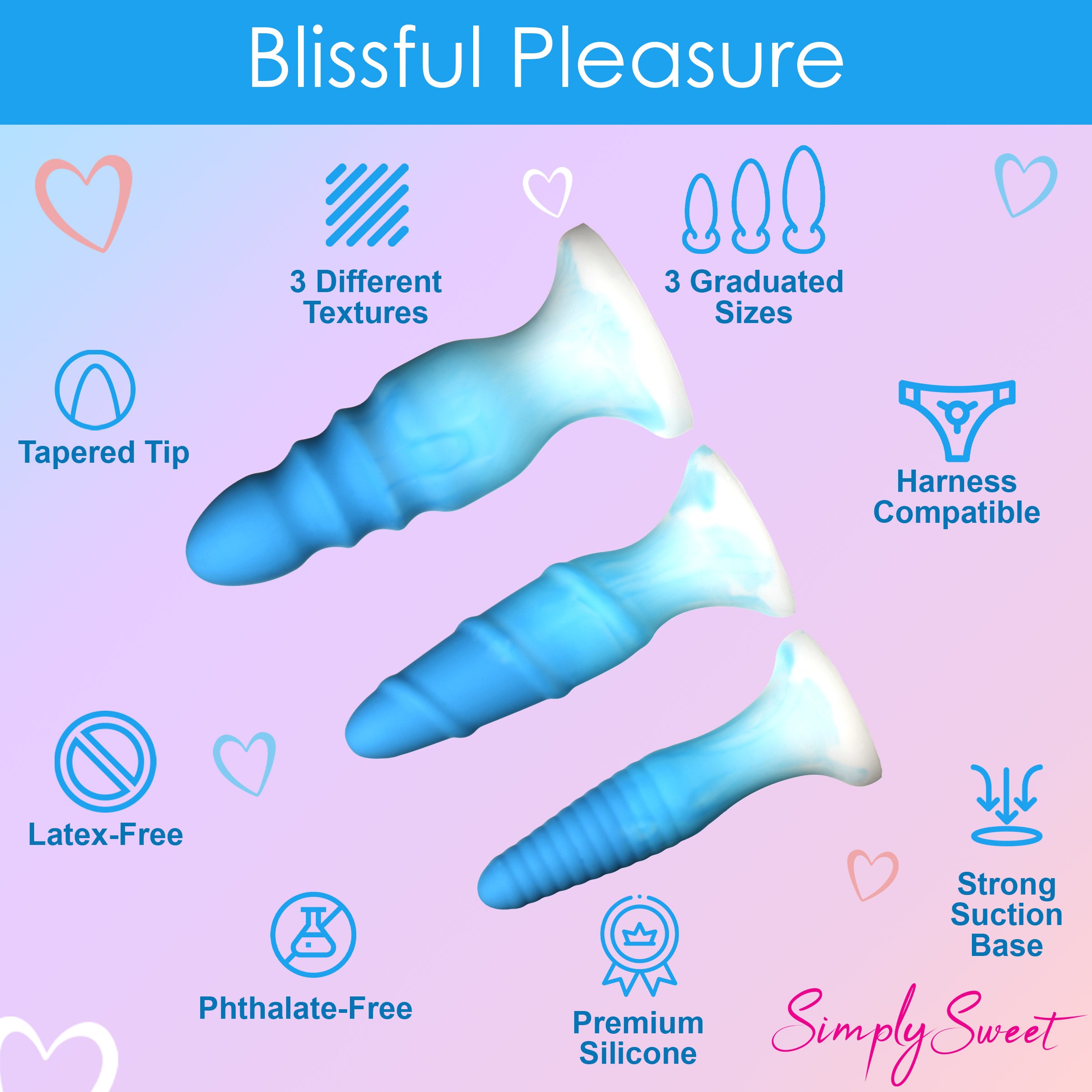 Simply Sweet 3 Piece Silicone Butt Plug Set - Blue Blue