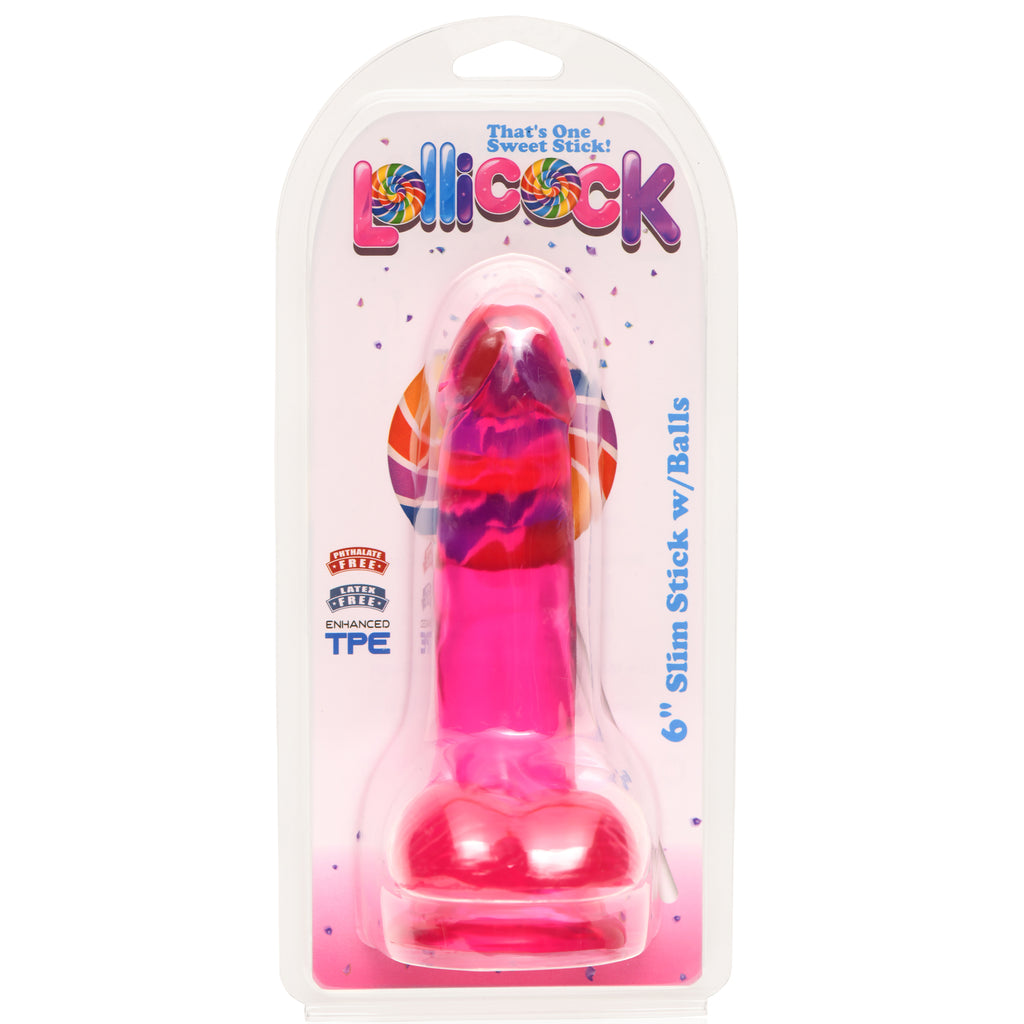 Lollicock 6 Inch Slim Stick with Balls Cherry Ice Dildo Pink