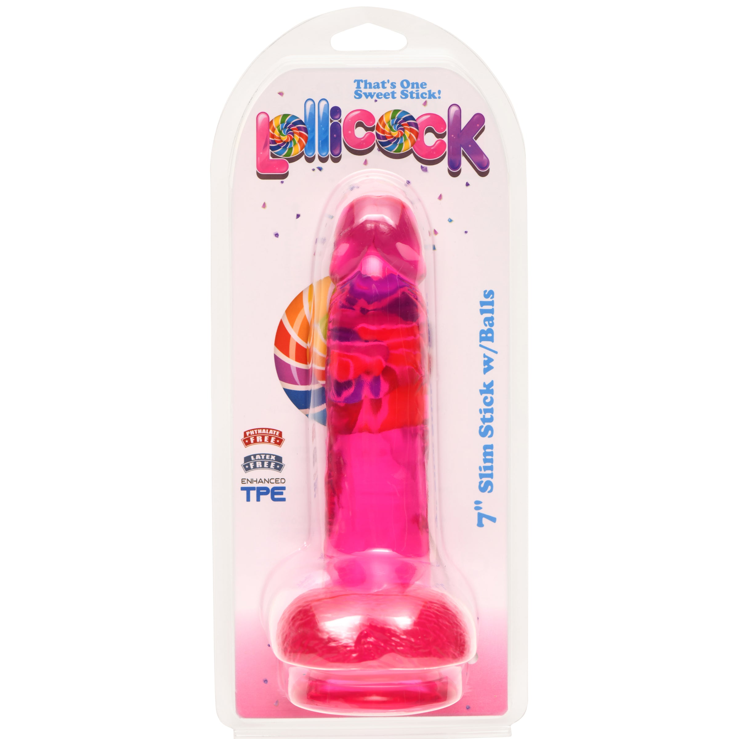 Lollicock 7 Inch Slim Stick with Balls Cherry Ice Dildo Pink