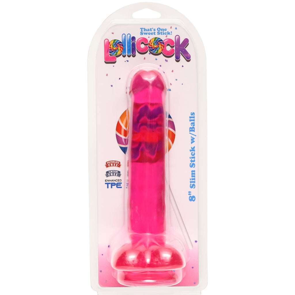 Lollicock 8 Inch Slim Stick with Balls Cherry Ice Dildo Pink