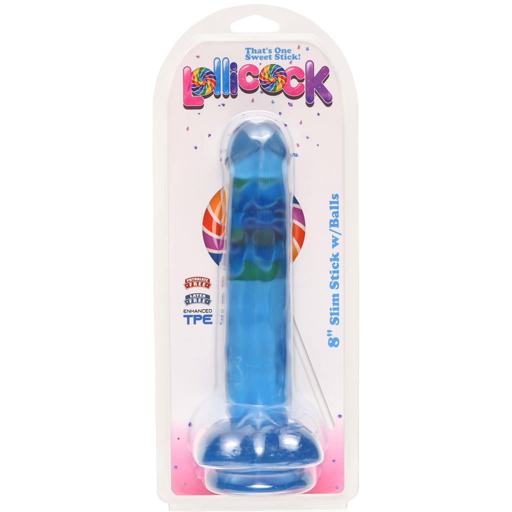 Lollicock 8 Inch Slim Stick with Balls Berry Ice Dildo Blue