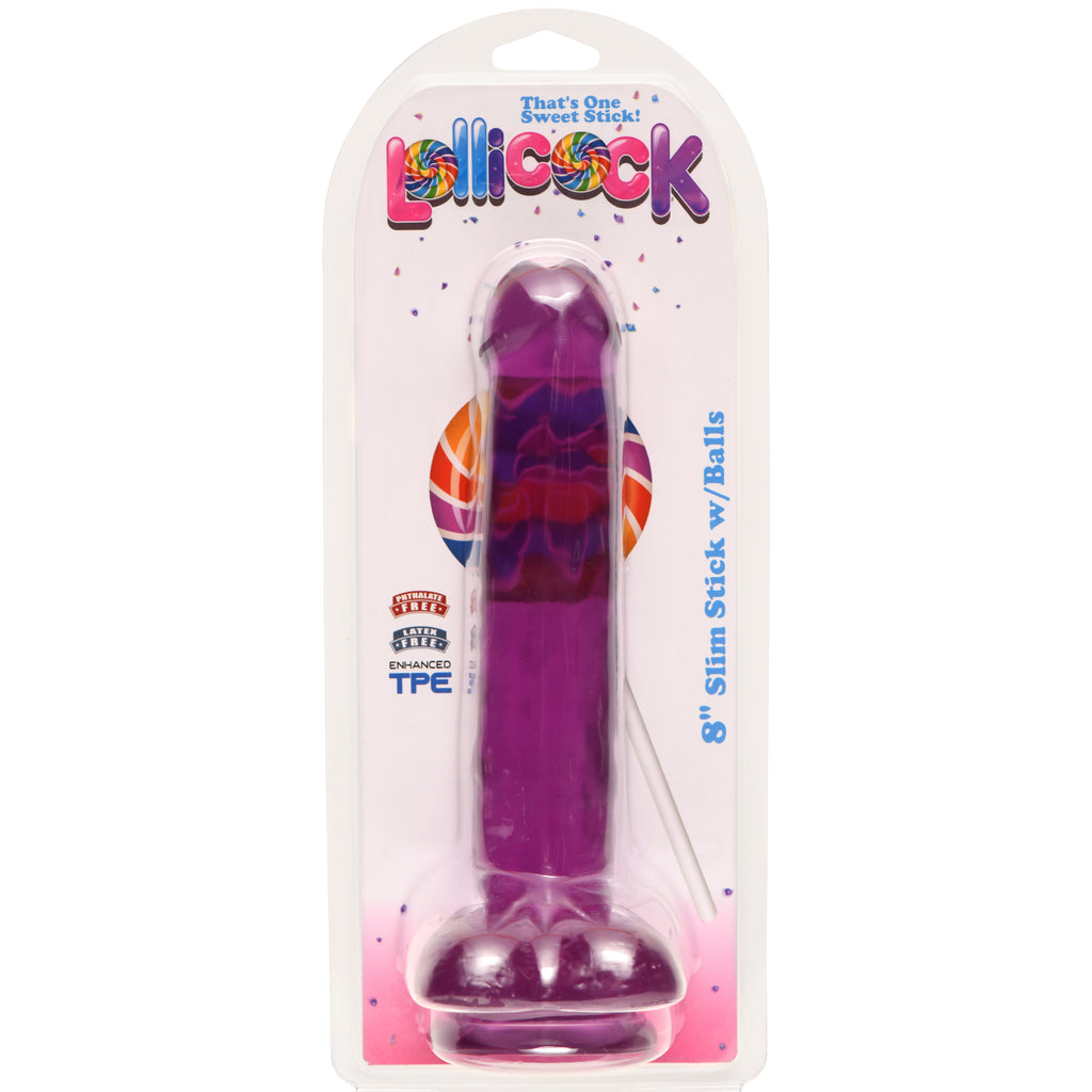 Lollicock 8 Inch Slim Stick with Balls Grape Ice Dildo Purple
