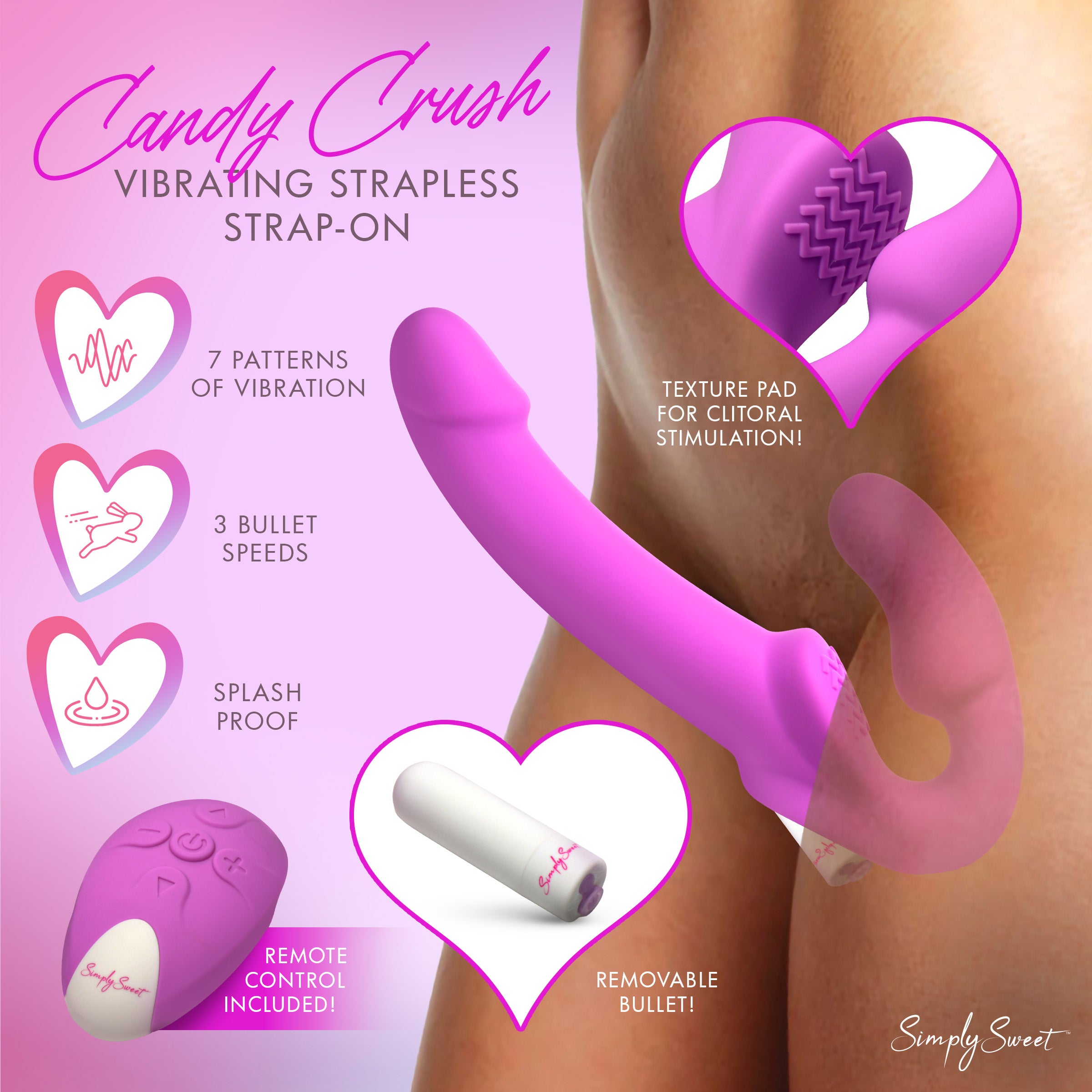 Simply Sweet Candy Crush - Purple Vibrating Strapless Strap-On w/ Remote Purple