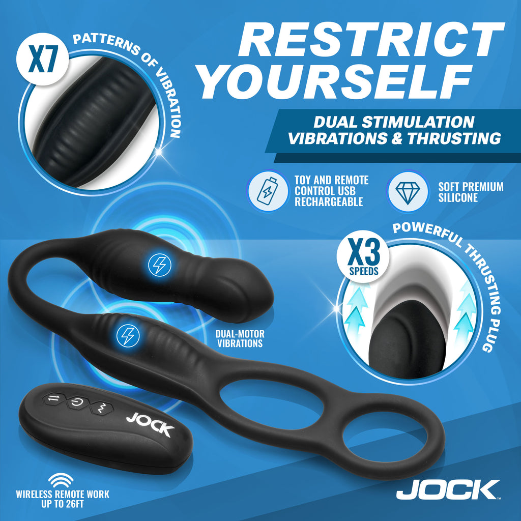 Jock Hyper Thrusting and Vibrating Anal Plug with C-Ring Black