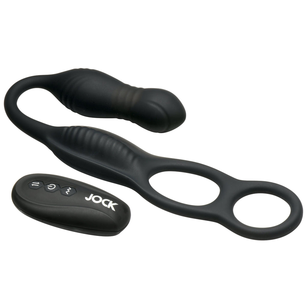 Jock Hyper Thrusting and Vibrating Anal Plug with C-Ring Black