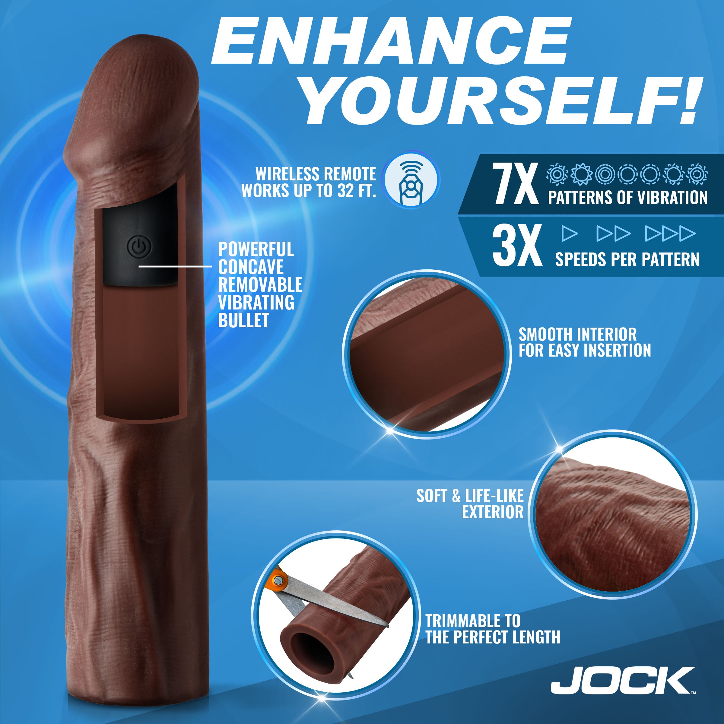 Jock Enhancers Vibrating Penis Extension w/ Remote - Dark Brown