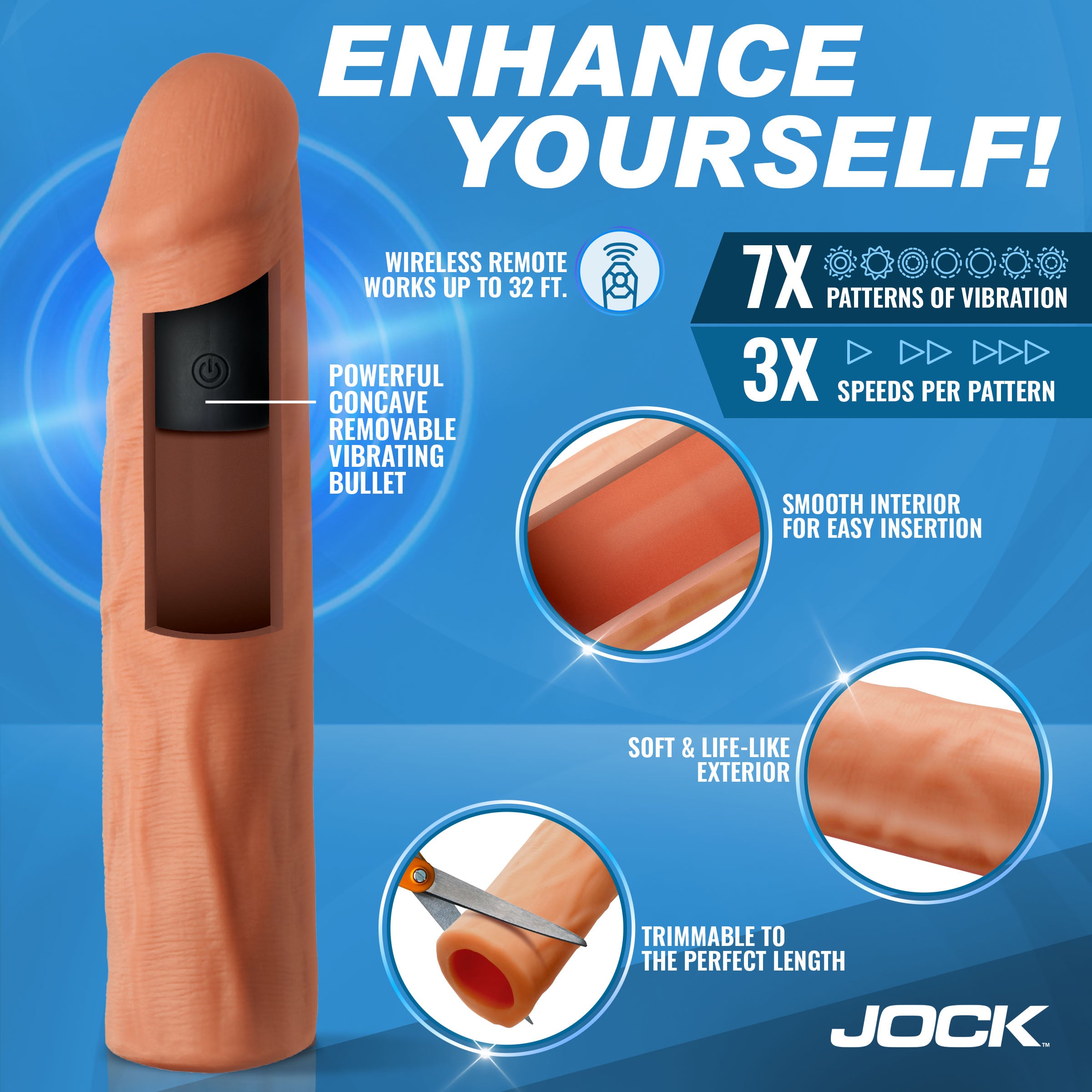 Jock Enhancers Vibrating Penis Extension w/ Remote - Dark Flesh