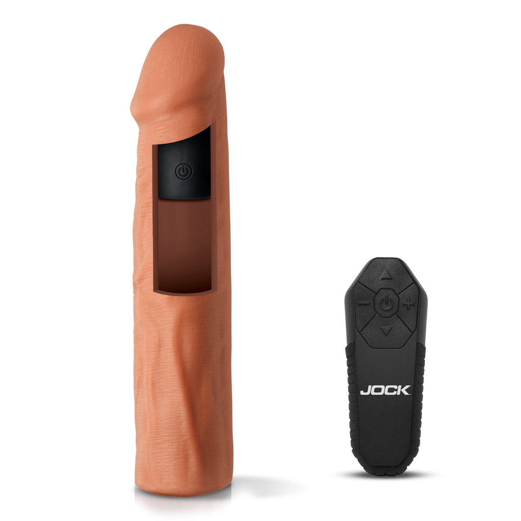Jock Enhancers Vibrating Penis Extension w/ Remote - Dark Flesh