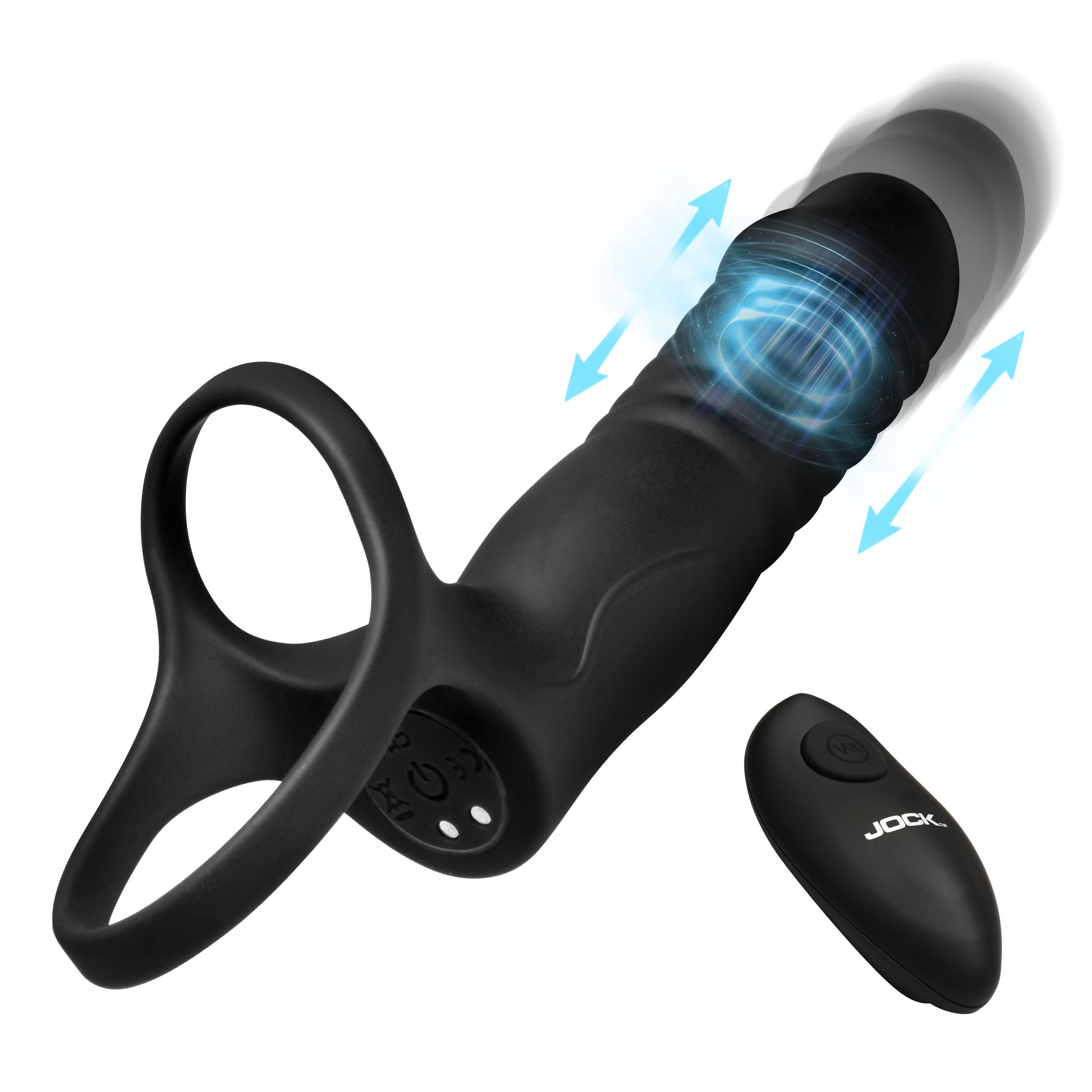 Jock Double Thrust Thrusting & Vibrating Double Penetration C-Ring w/ Remote Black