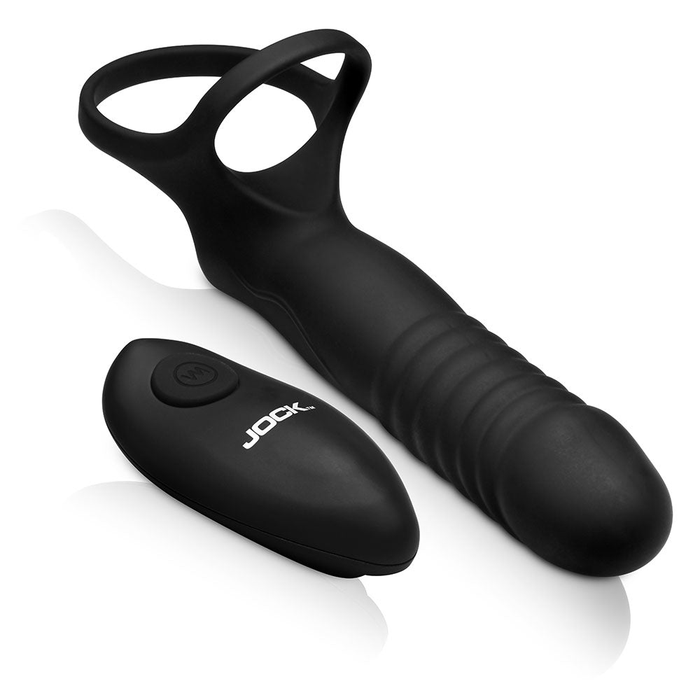 Jock Double Thrust Thrusting & Vibrating Double Penetration C-Ring w/ Remote Black