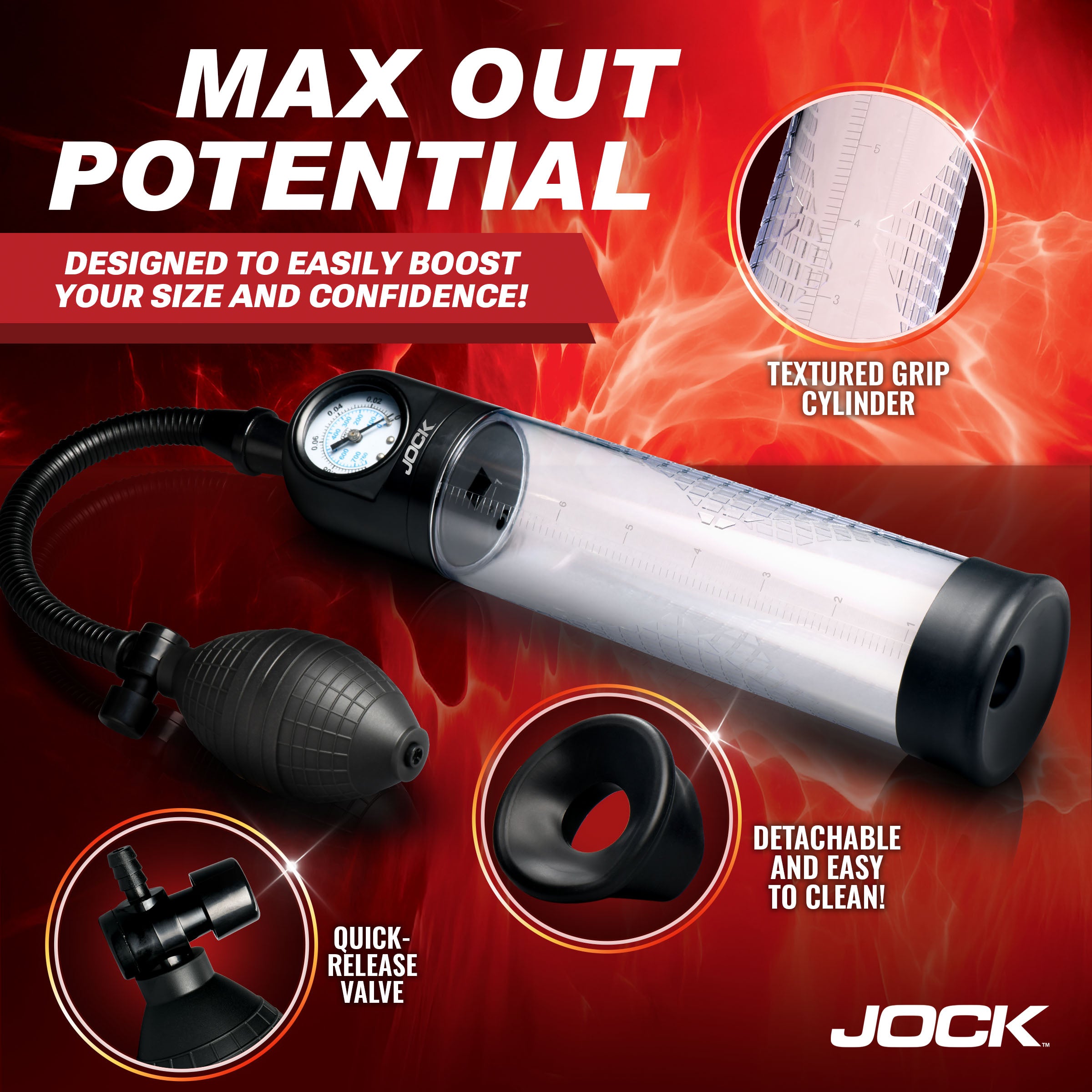 Jock Pump Up Gauge Penis Pump with Bulb Black