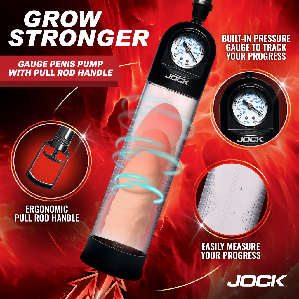 Jock Pump Up Gauge Penis Pump with Pull Handle Black