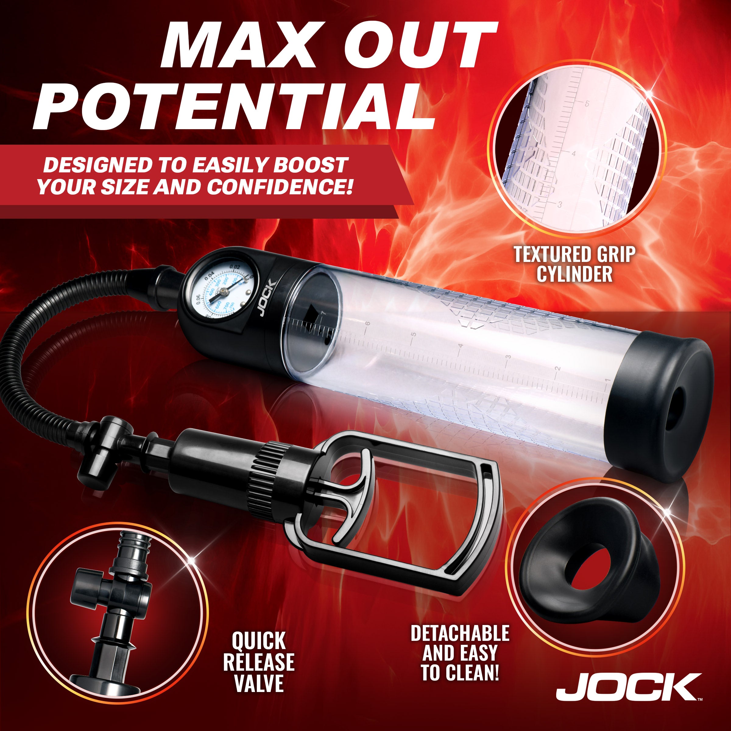 Jock Pump Up Gauge Penis Pump with Pull Handle Black