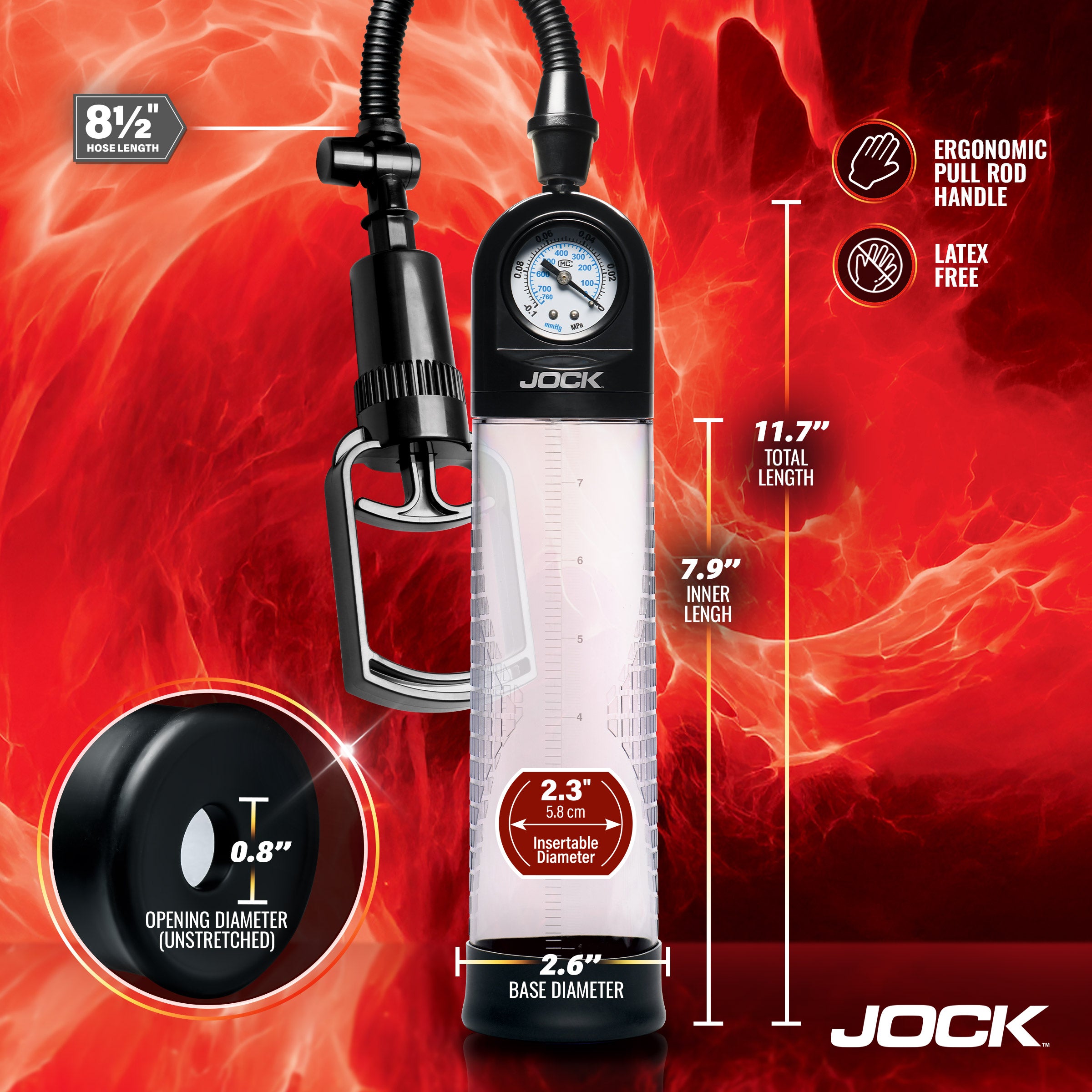 Jock Pump Up Gauge Penis Pump with Pull Handle Black