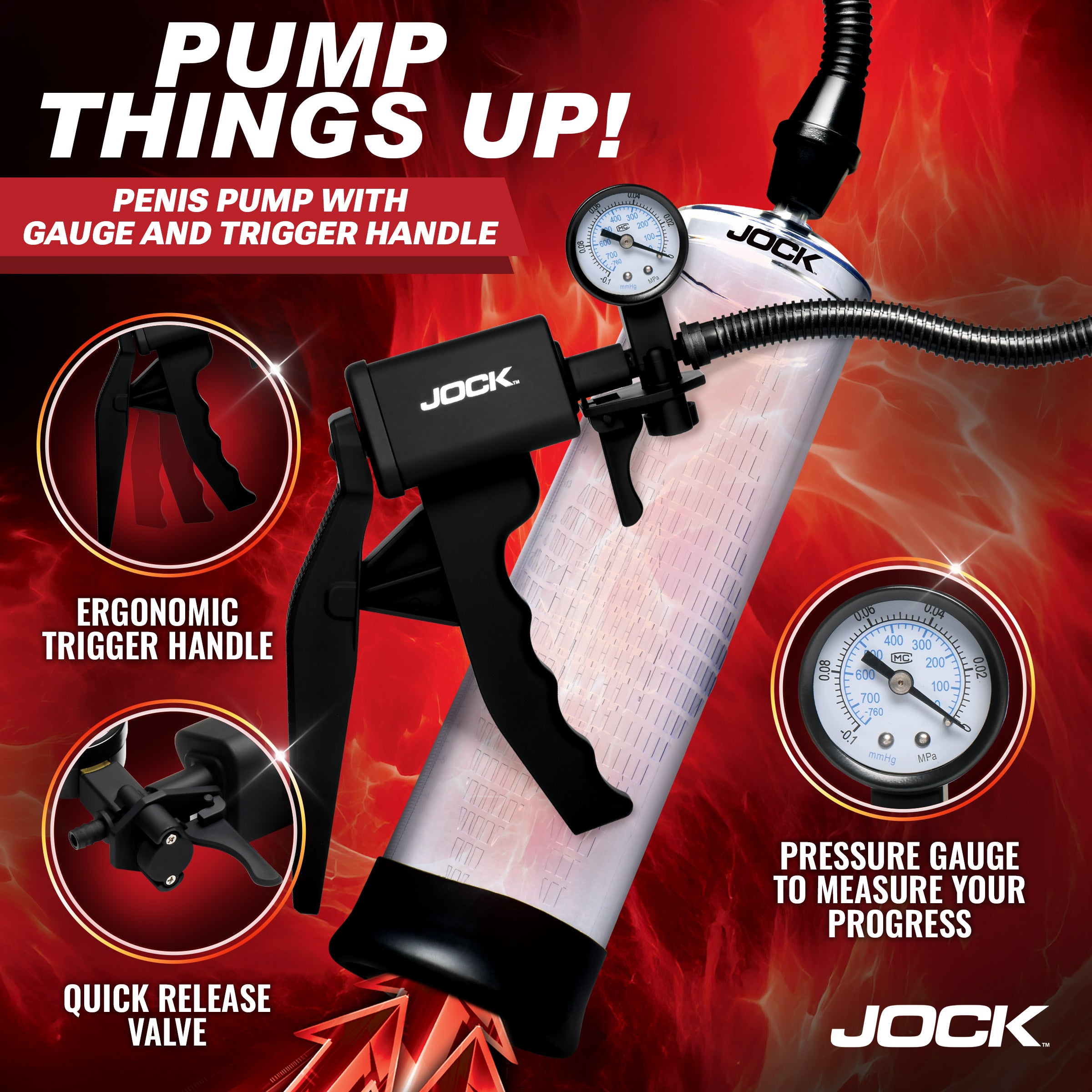 Jock Pump Up Penis Pump with Gauge & Trigger Handle Black